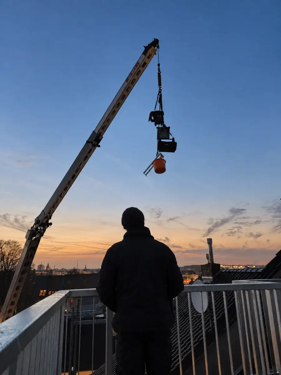 Montage auf der Baustelle, Kranausleger im Abendhimmel über Köln
